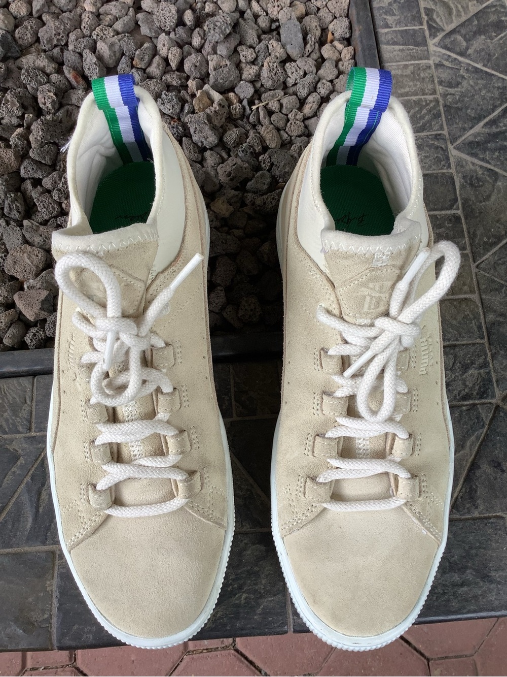 Puma Cream Suede Low-Top Sneakers with Green & Blue Heel Tabs